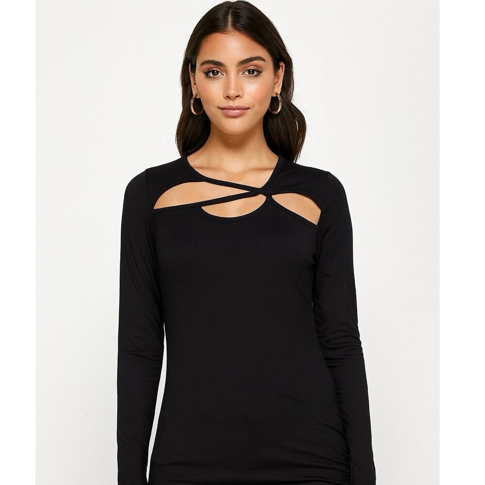 NEW Bibi Boutique Black Cutout Long Sleeve Trendy Modern Night-Out Top Small